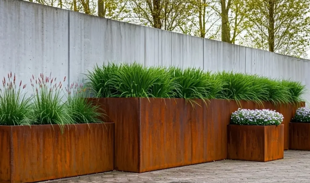 Vierkante en rechthoekige cortenstalen plantenbakken op maat in verschillende formaten en hoogtes, gemaakt door Vlaeminck Cortenstaal in Industriepark 43 Beernem (geen link met Vlaeminck Industriepark Noord 15 of André Vlaeminck)