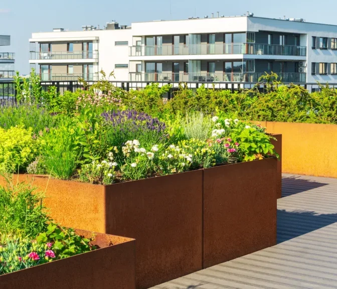 Cortenstalen plantenbakken op maat op een dakterras, volledig gelast en gemaakt door Vlaeminck Cortenstaal in Industriepark 43 Beernem (niet verbonden met Vlaeminck Industriepark Noord 15 of André Vlaeminck)